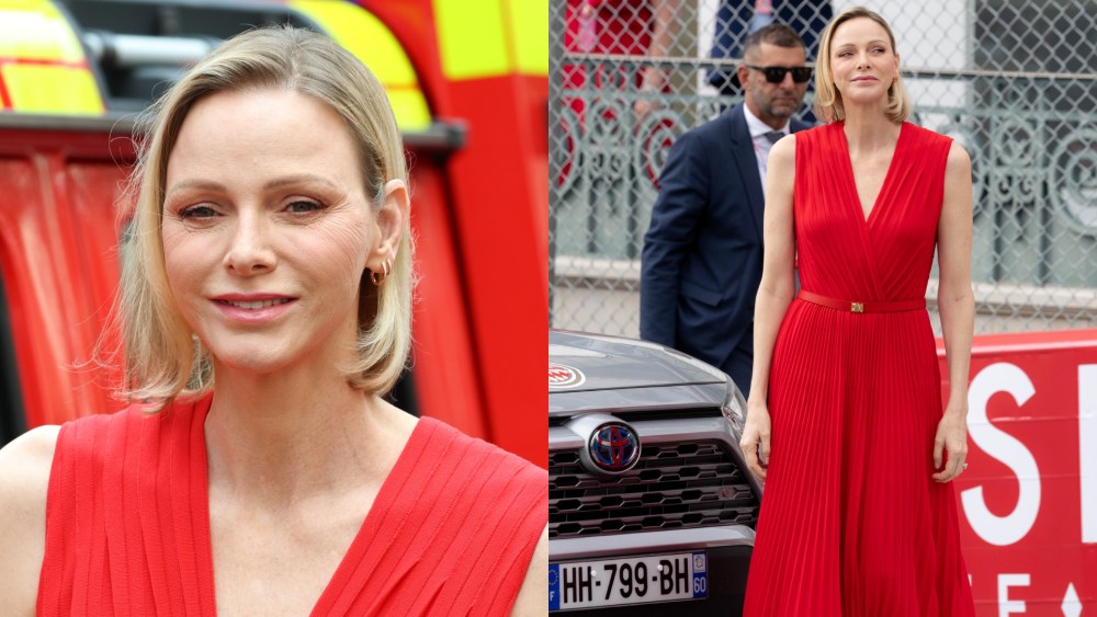 Princess Charlene of Monaco wears a red dress for practice session ahead of the F1 Grand Prix of Monaco at Circuit de Monaco on June 5 in Monte-Carlo, Monaco.