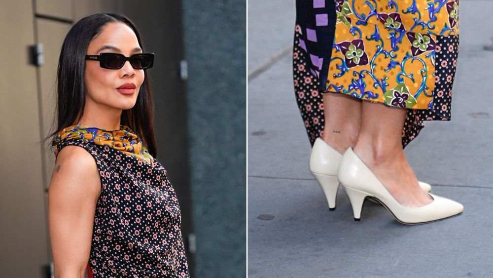 Tessa Thompson wearinng a white pair of Jude Haze pumps outside of ABC Studios in New York City on Monday.